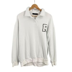 Womens White Collared Sweatshirt Varsity R Patch Fleece Rave On Trend Size Large